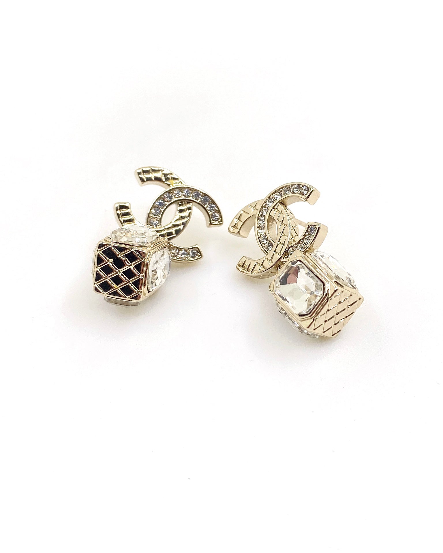 Chanel Square Crystal Pendant 18K Gold Earrings