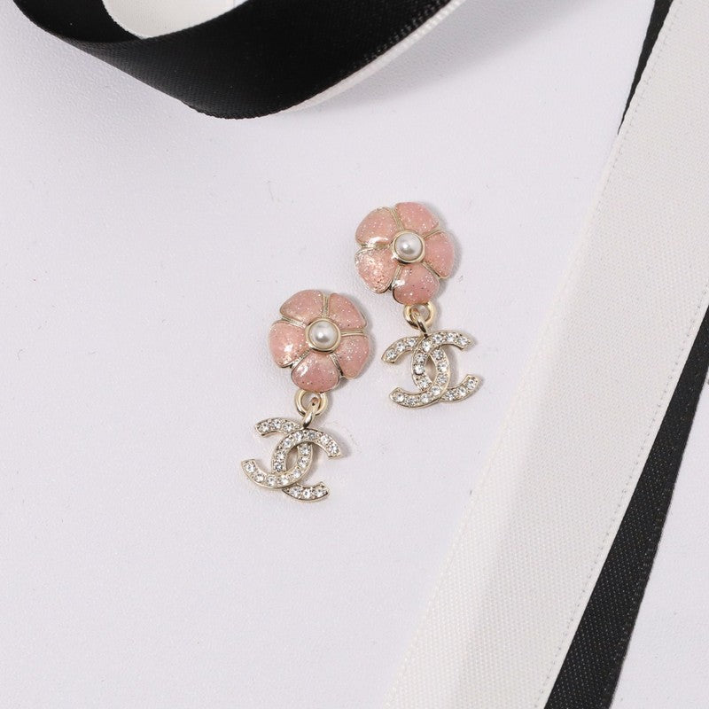 Chanel Black & Pink Camellia Diamond 18K Gold Earrings