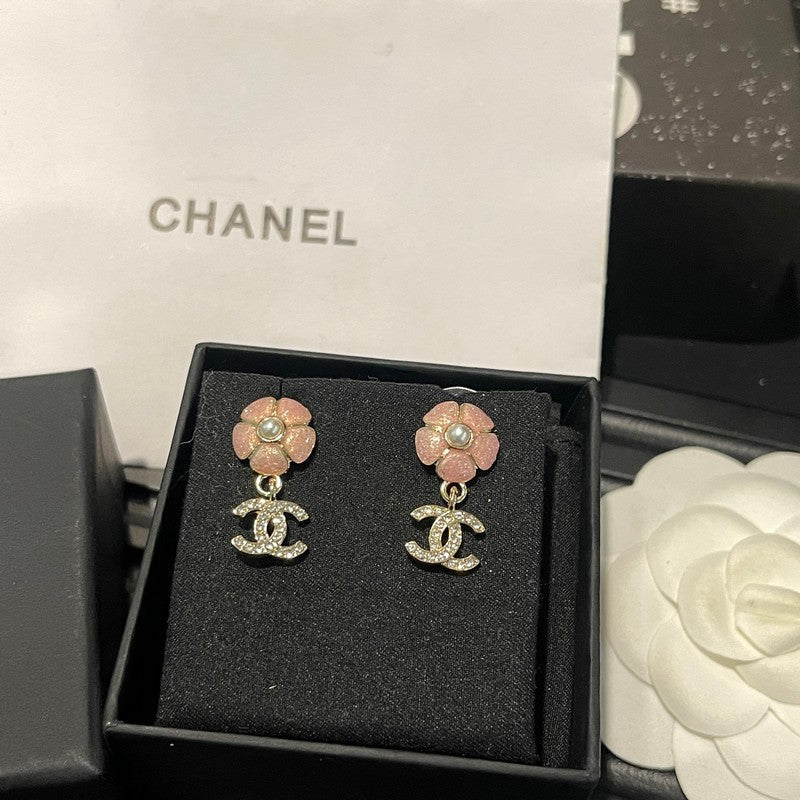 Chanel 26C Pink Camellia Diamond 18K Gold Earrings