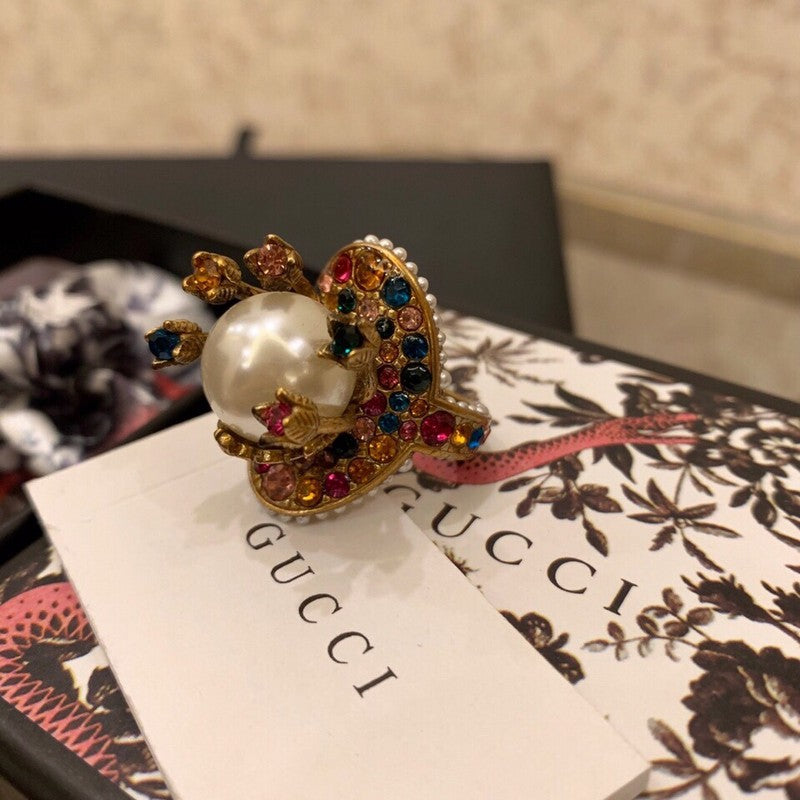 Gucci Double Multistone Pearl 18K Gold Ring
