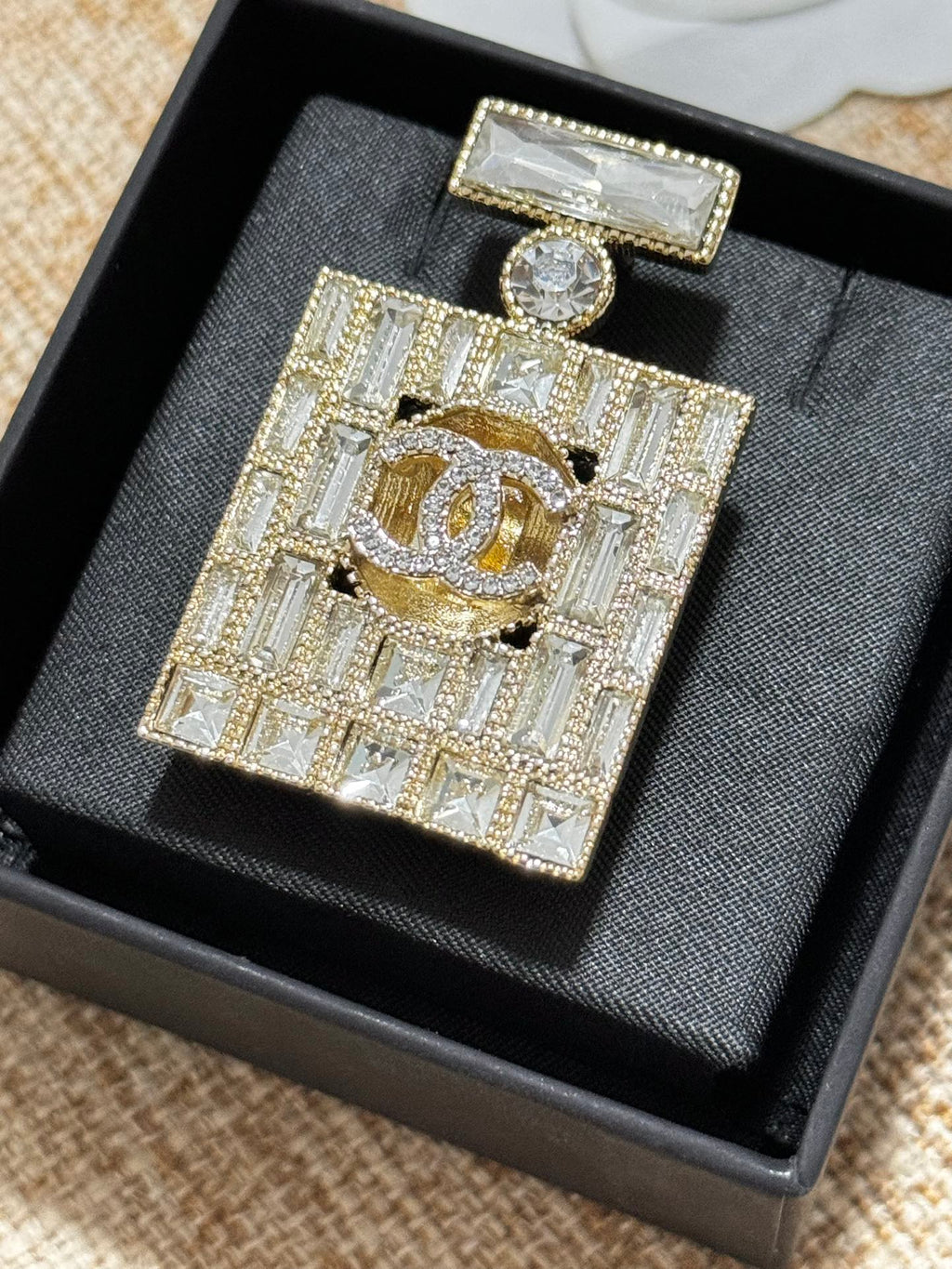 Chanel Perfume Bottle Crystals 18K Gold Brooch