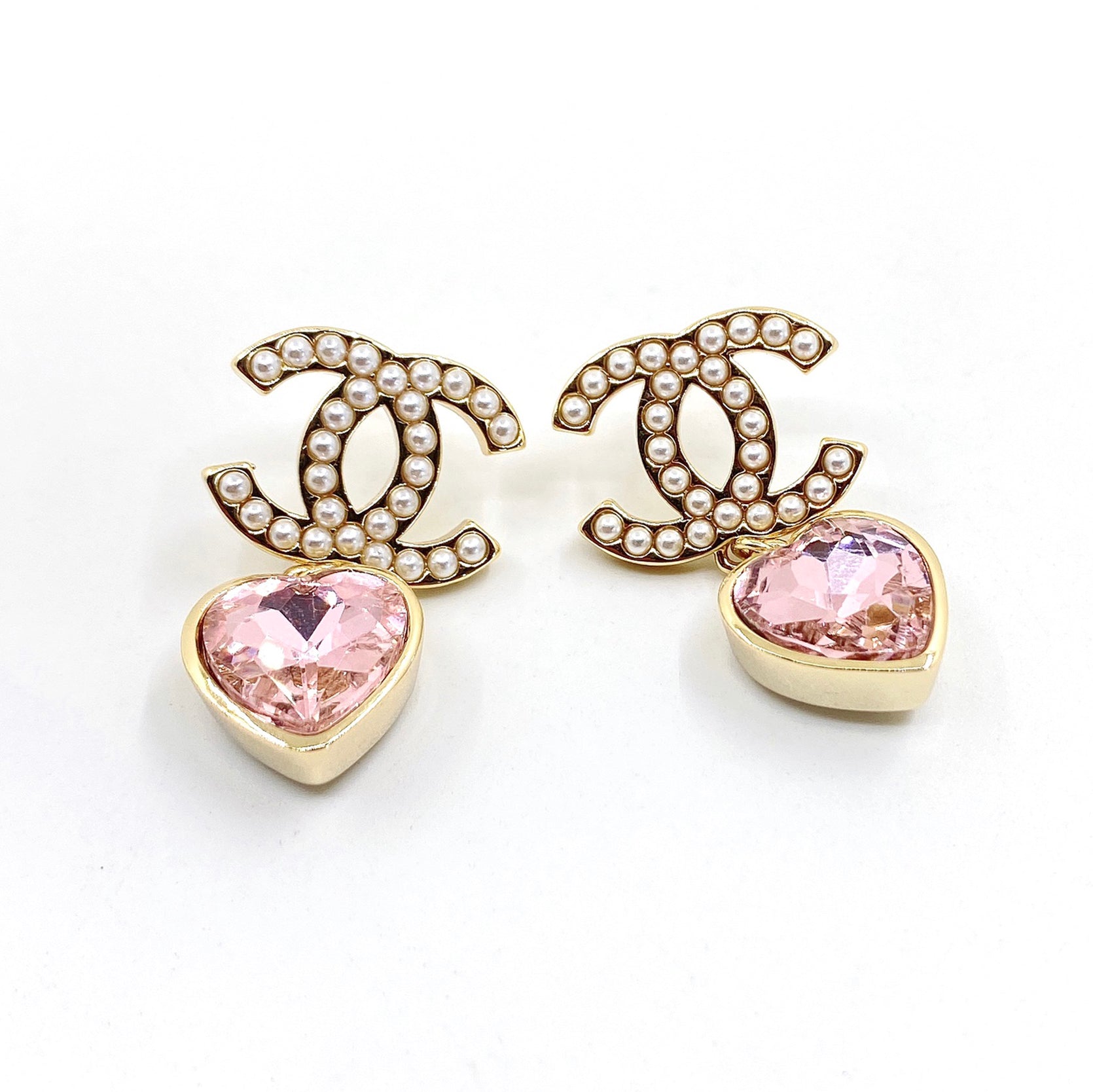 Chanel Pink Heart Crystal 18K Gold Earrings