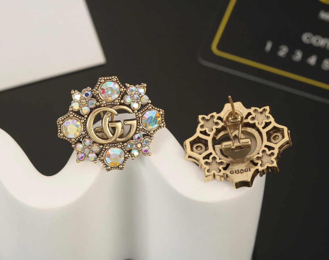 Gucci Double Blue Flowers 18K Gold Earrings