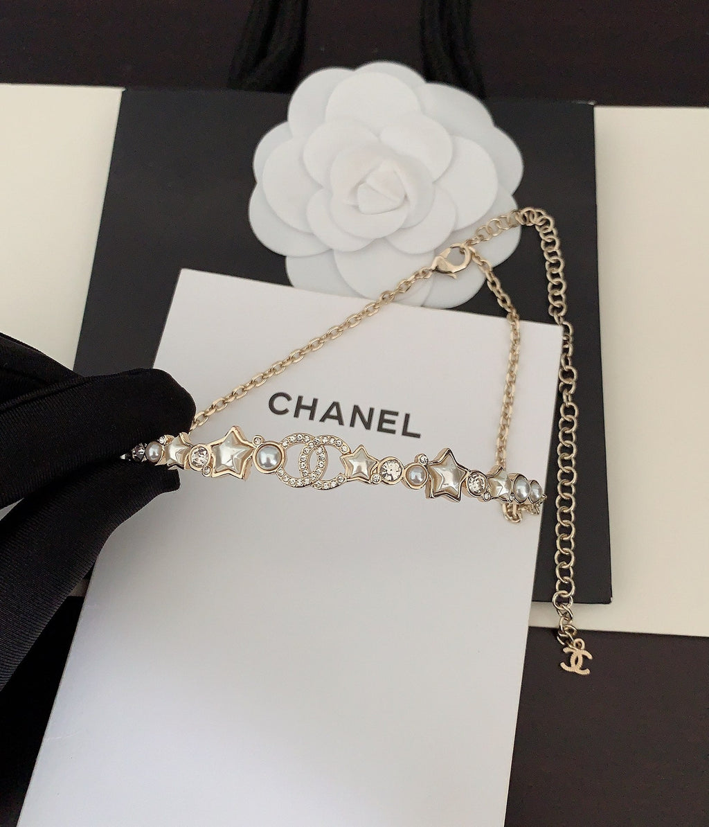 Chanel White Pearl Crystals 18K Gold Necklace