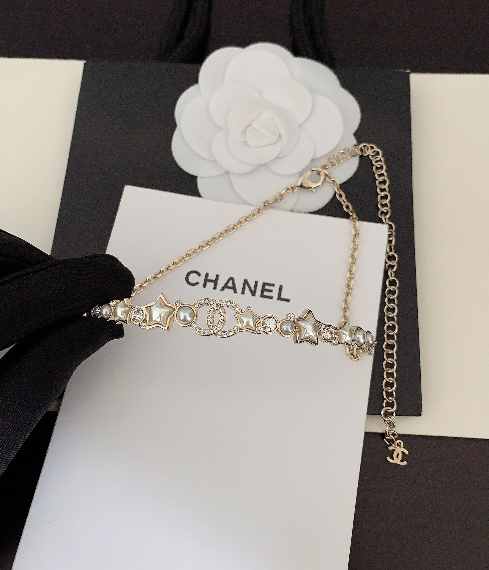 Chanel White Pearl Crystals 18K Gold Necklace