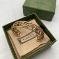 Gucci Double Red Crystal Flower Cuff 18K Gold Bracelet