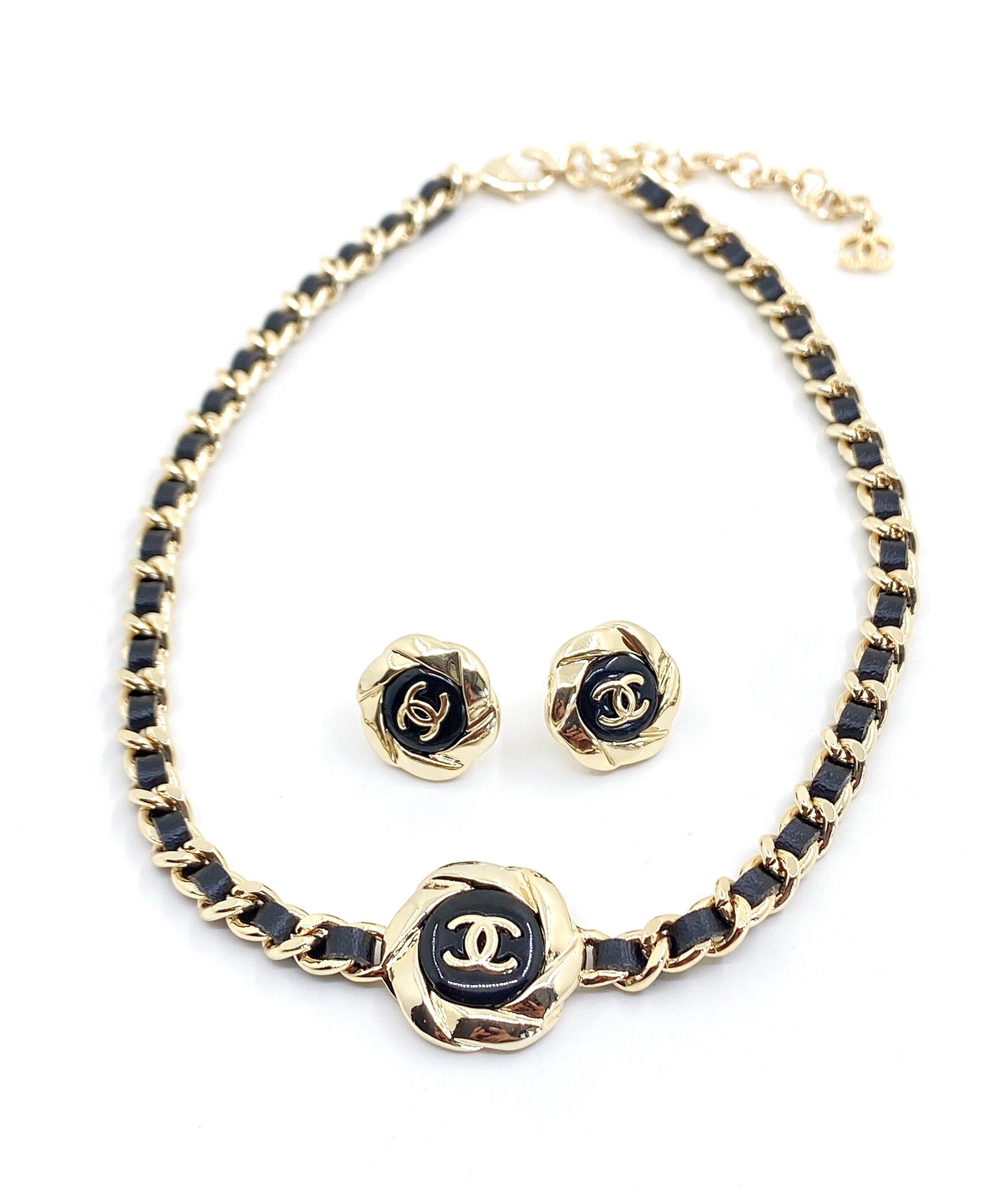 Chanel Rhinestone Leather Choker 18K Gold Necklace