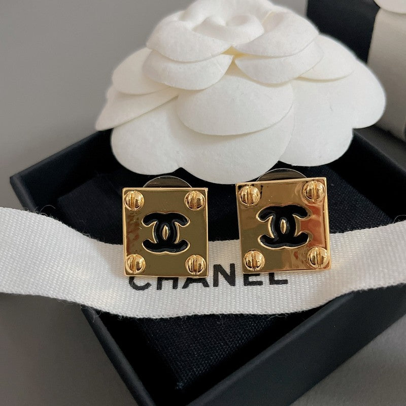 Chanel Black Gold Square 18K Gold Earrings