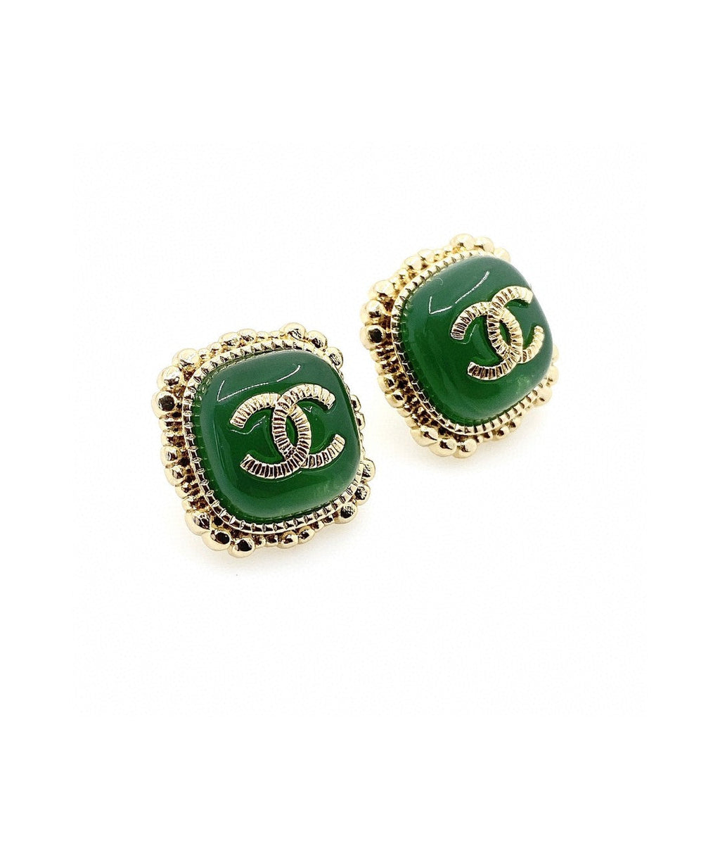 Chanel Green Square 18K Gold Earrings