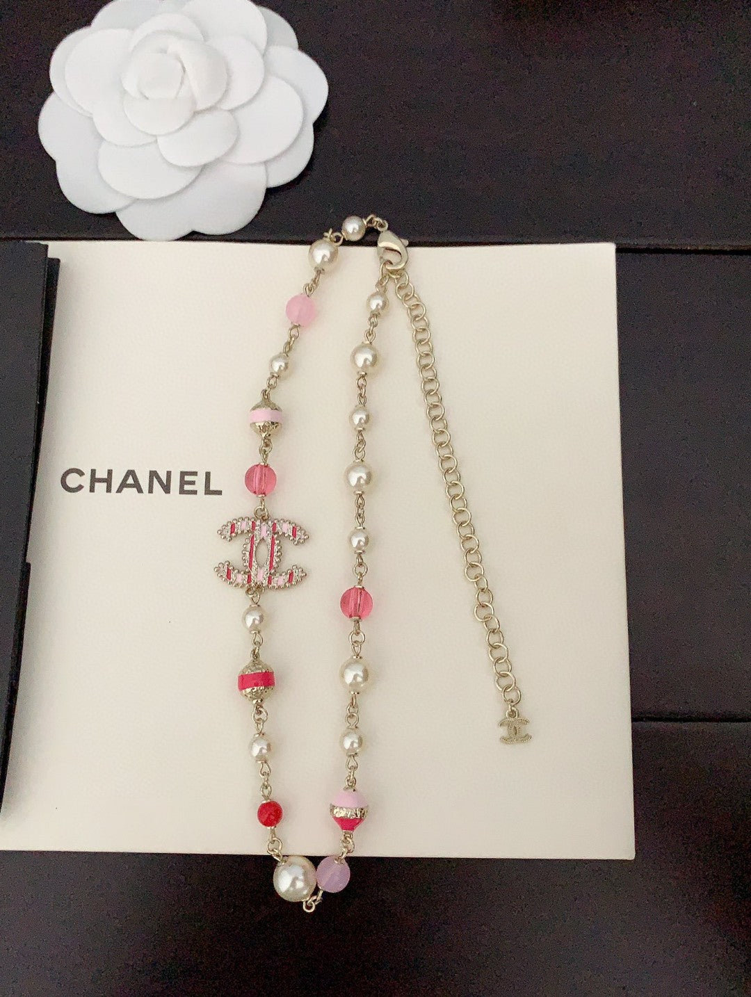 Chanel Pink & White Pearls 18K Gold Necklace