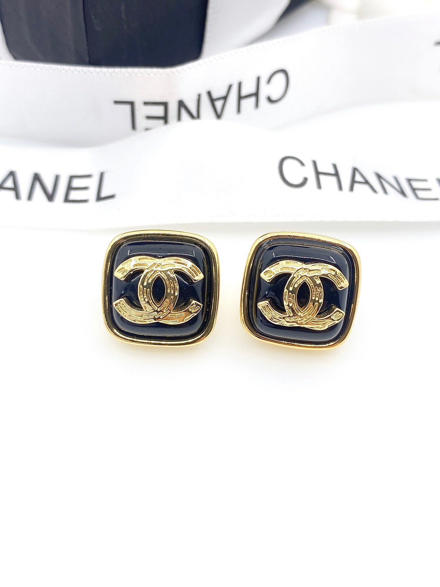 Chanel Square Resin 18K Gold Earrings