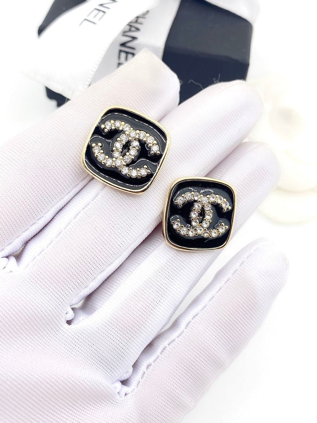 Chanel Square Resin Diamond 18K Gold Earrings