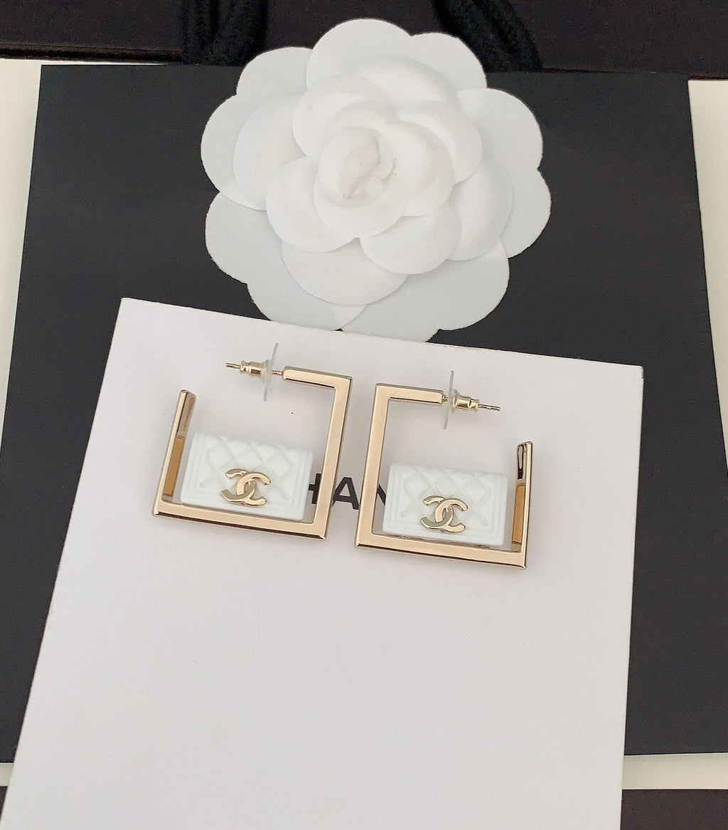Chanel White Bag Pendant 18K Gold Earrings