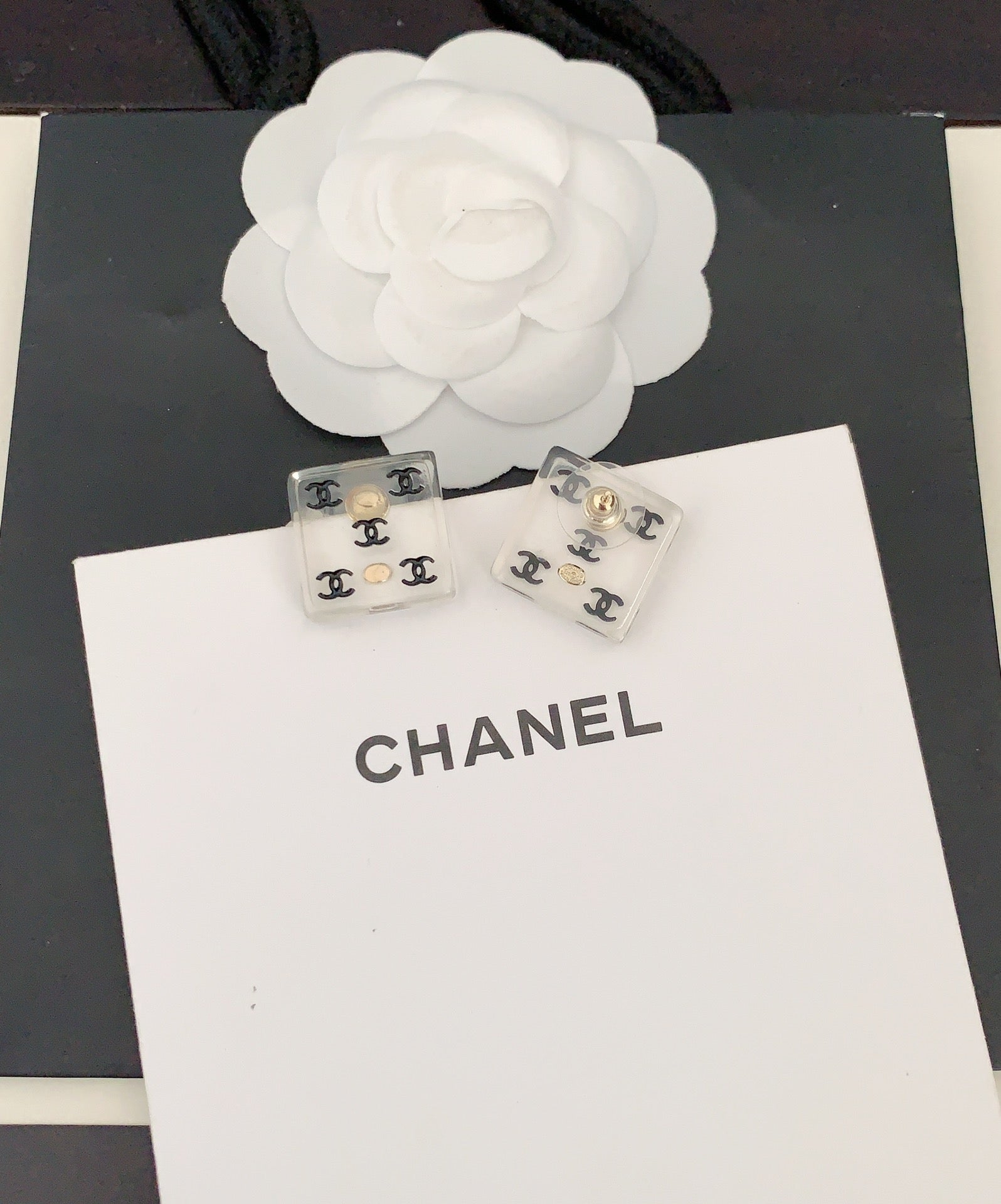Chanel Transparent Resin 18K Gold Earrings