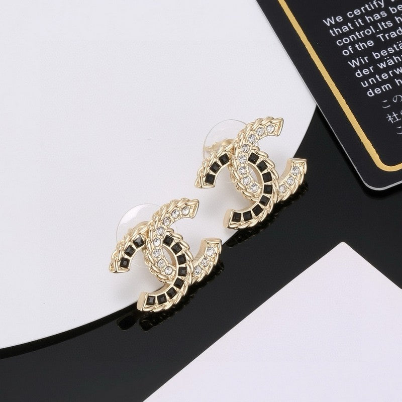 Chanel Crystal Leather 18K Gold Earrings