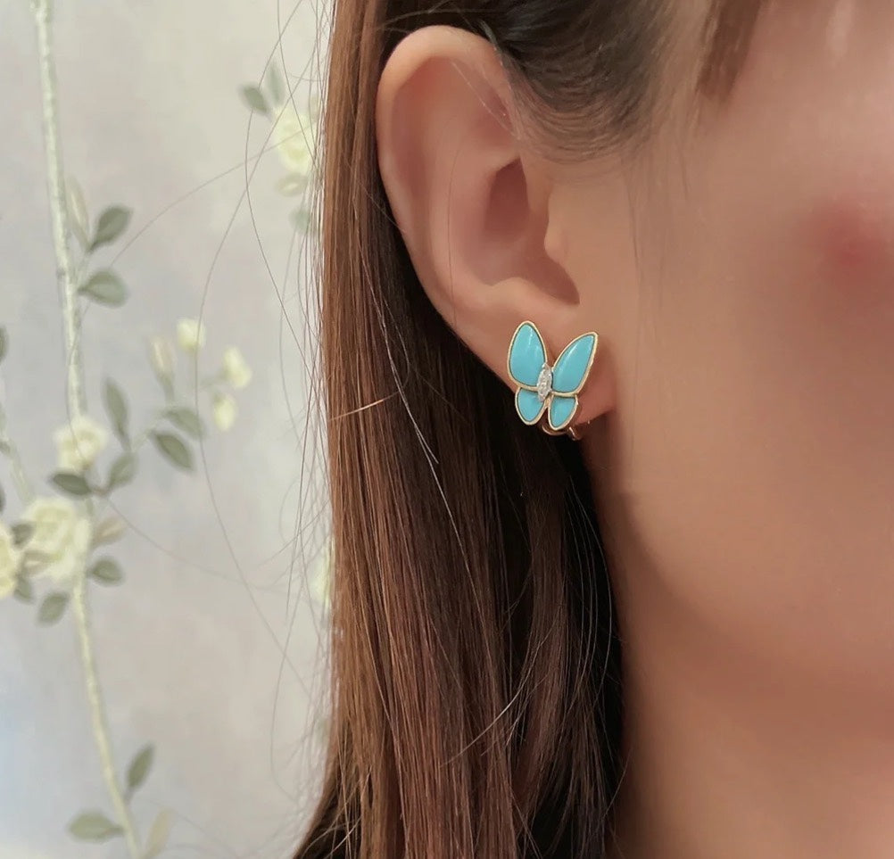Two Butterfly Turquoise 18K Gold Earrings