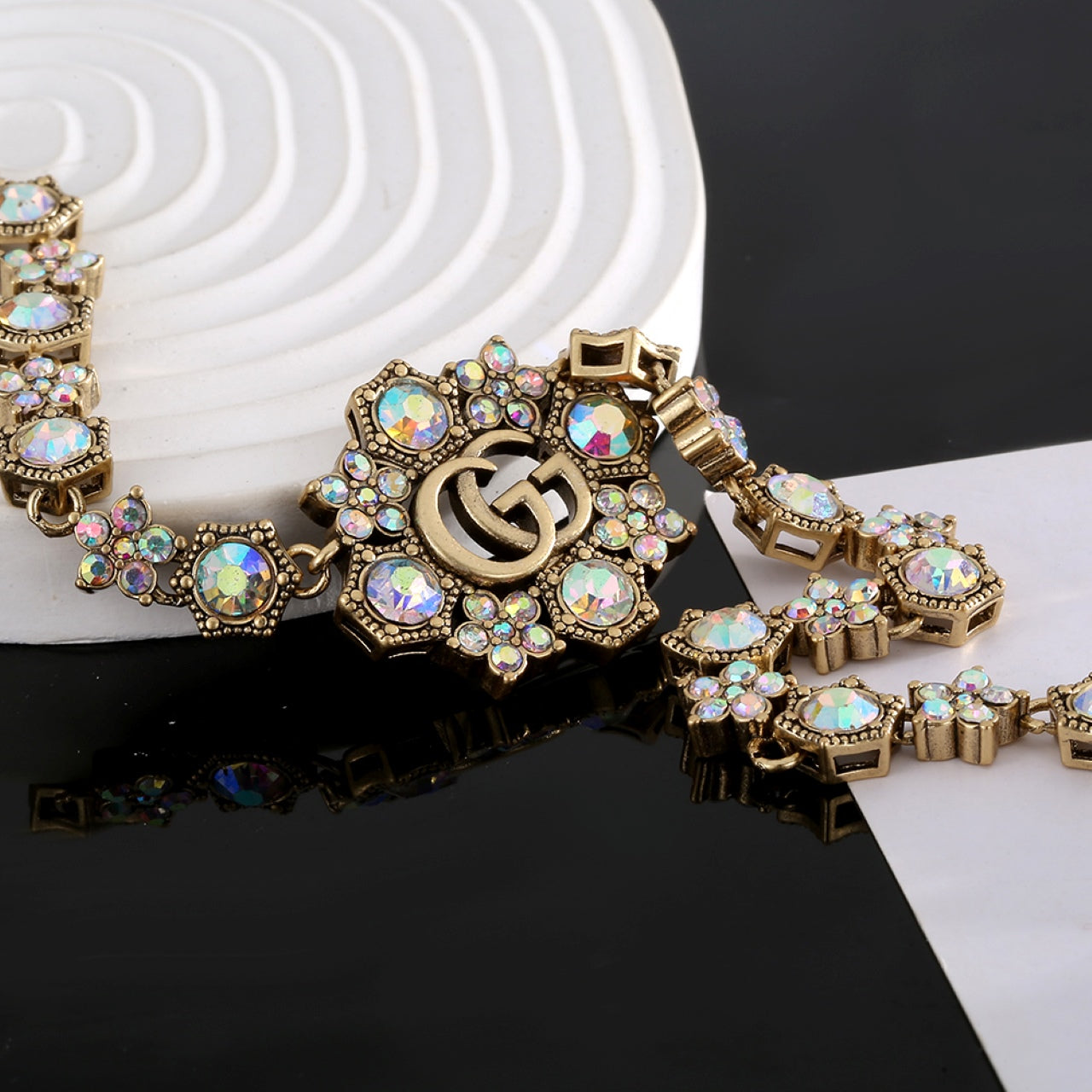 Gucci Double Crystals Chain Choker 18K Gold Necklace