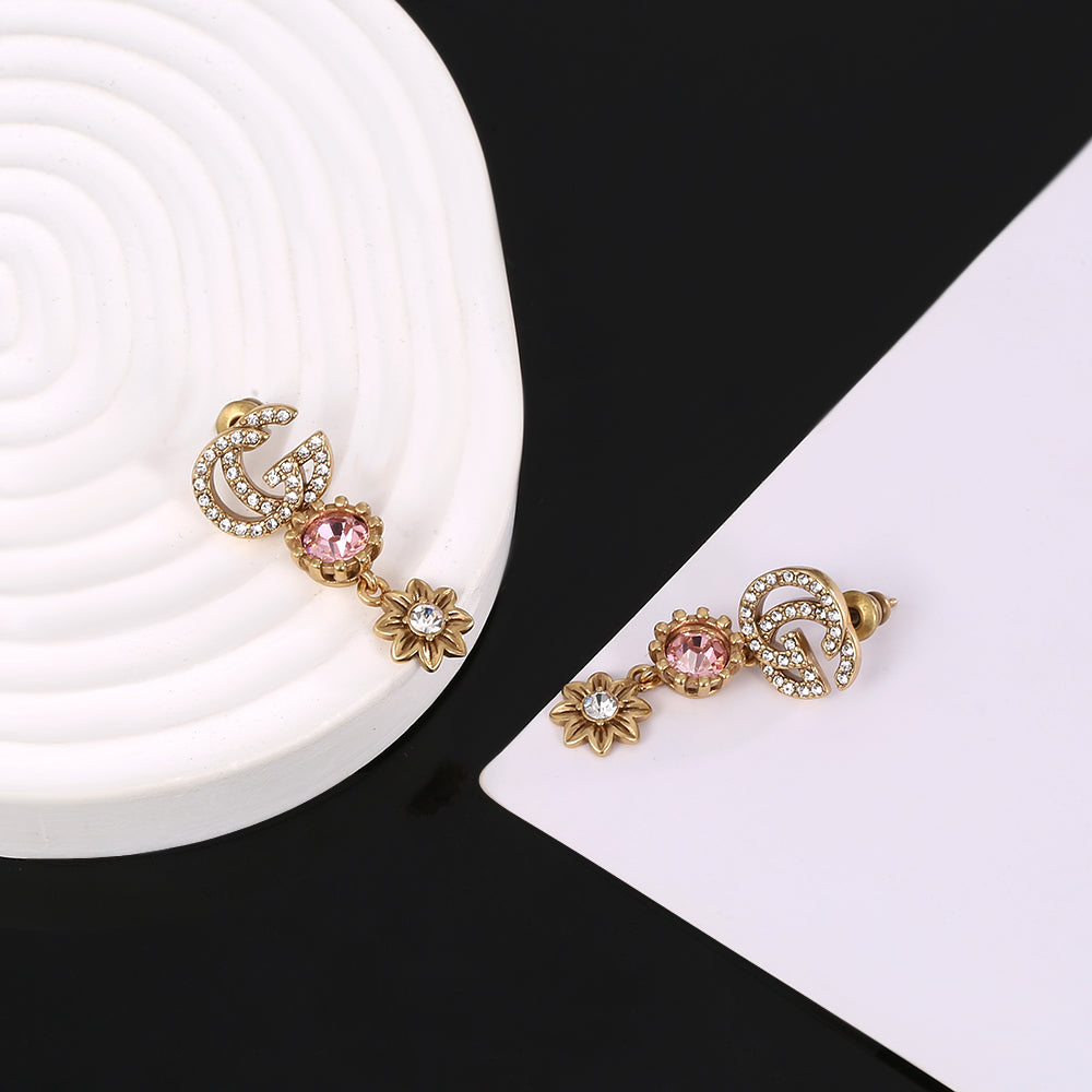 Gucci Double Flower Crystal 18K Gold Earrings