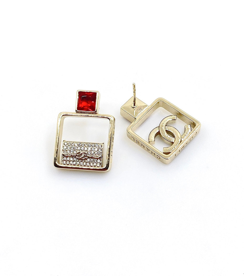 Chanel Red Bottle Pendant 18K Gold Earrings