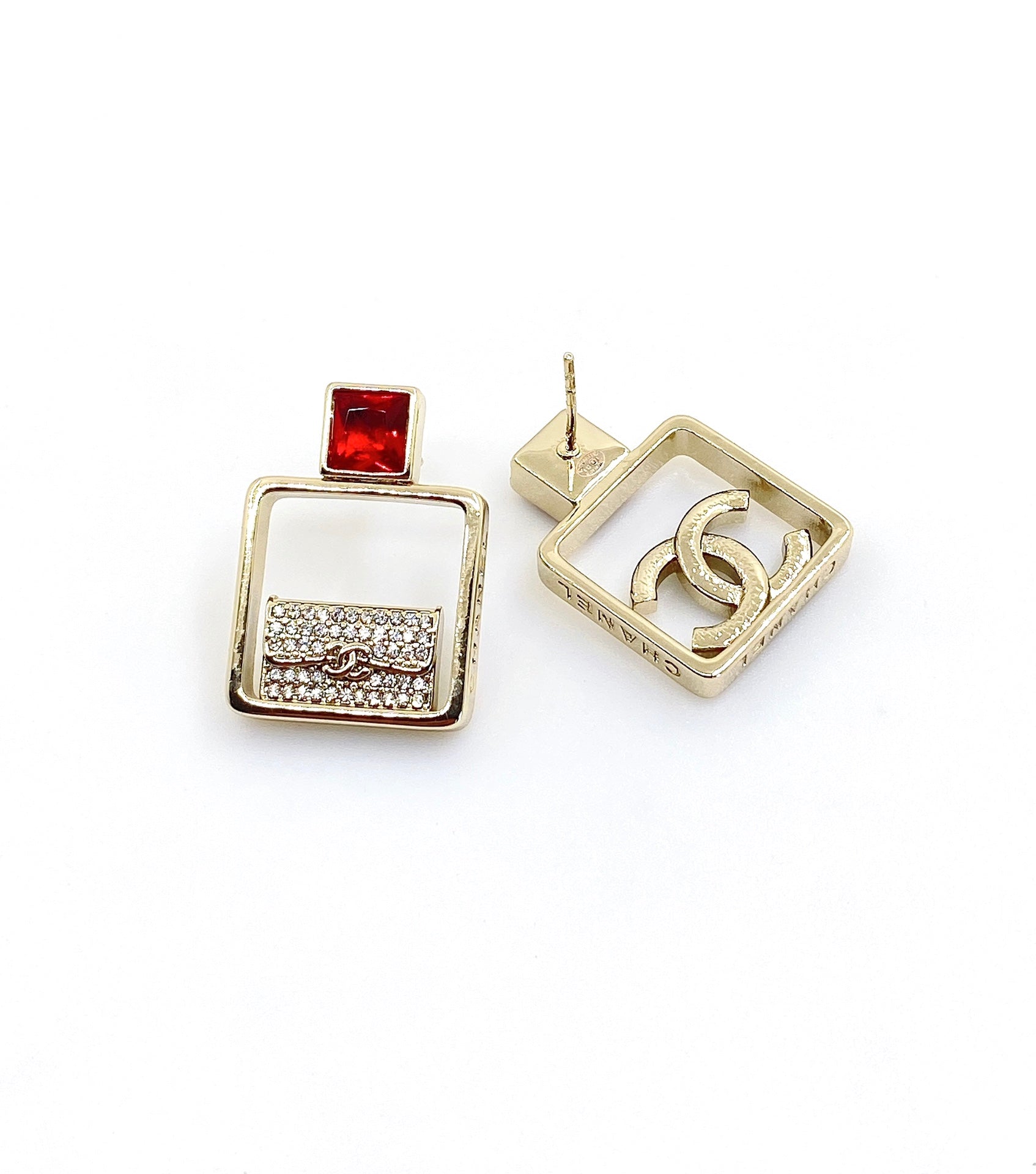 Chanel Red Bottle Pendant 18K Gold Earrings