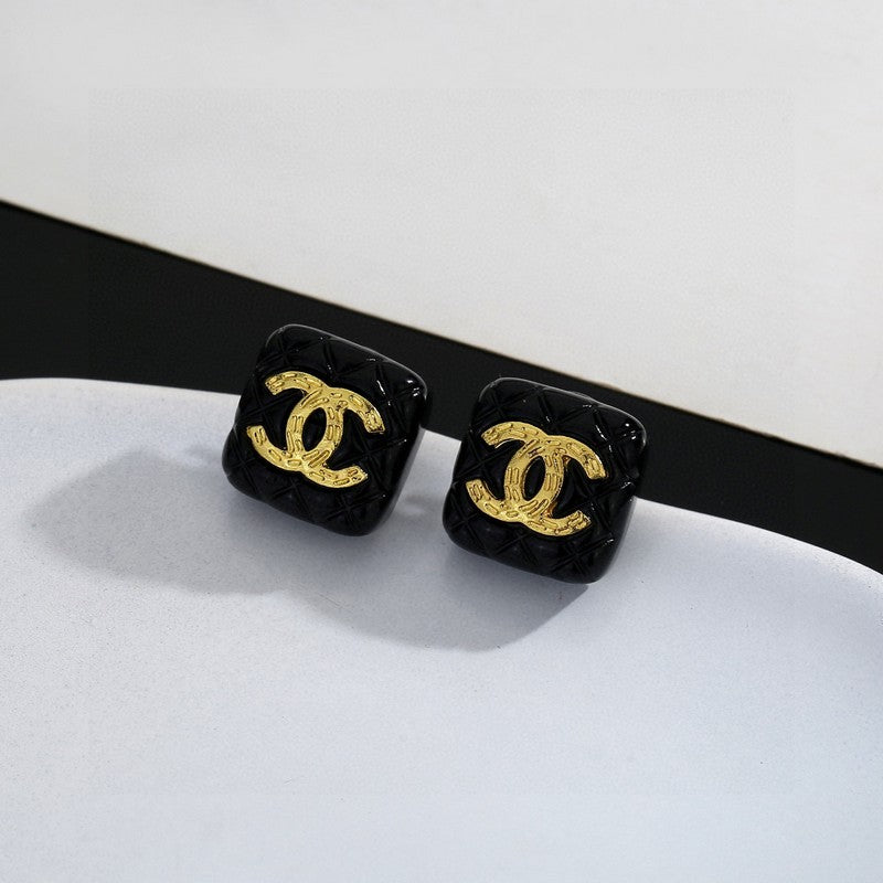 Chanel Black Gold Square 18K Gold Earrings