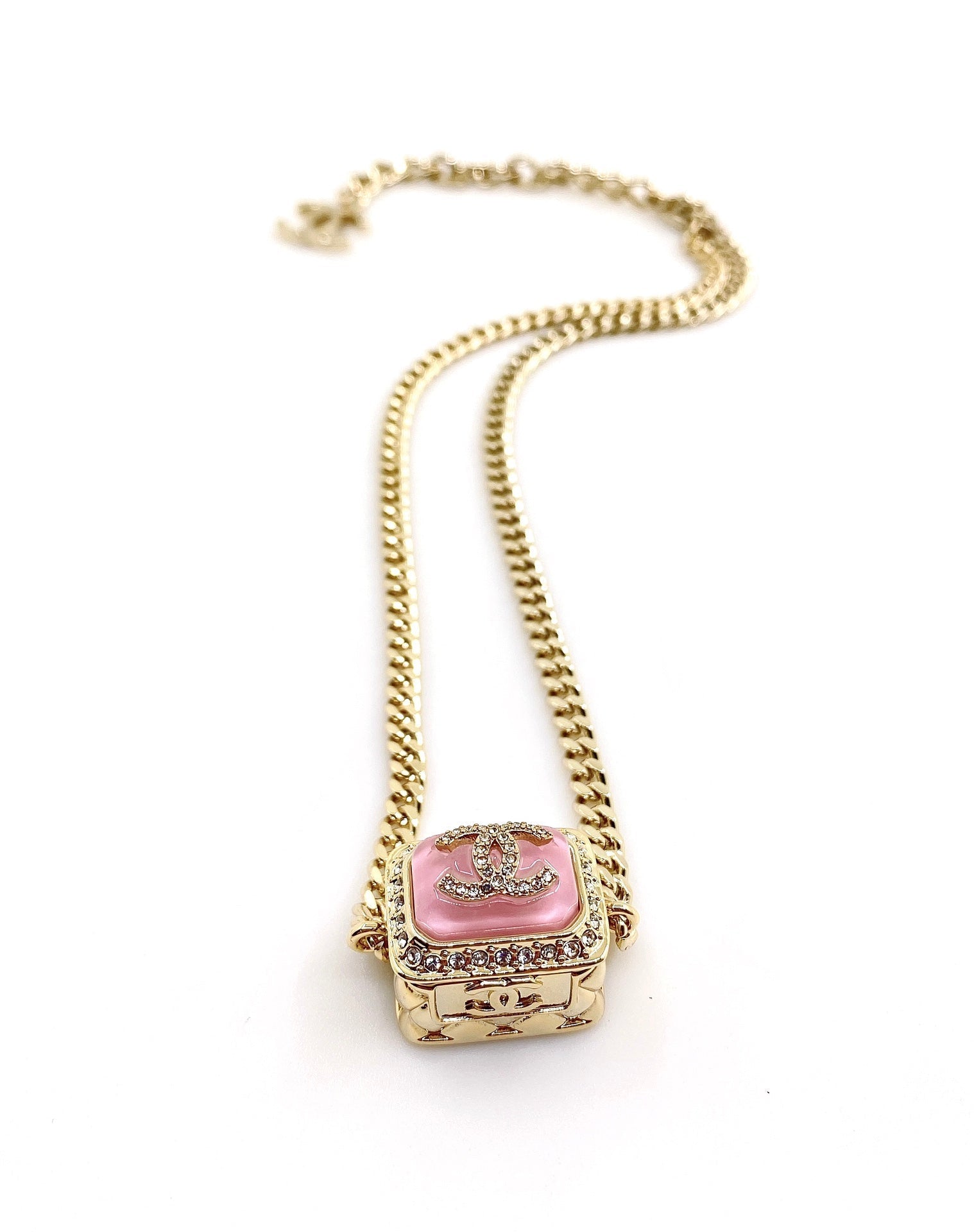 Chanel Pink Resin Chain 18K Gold Necklace