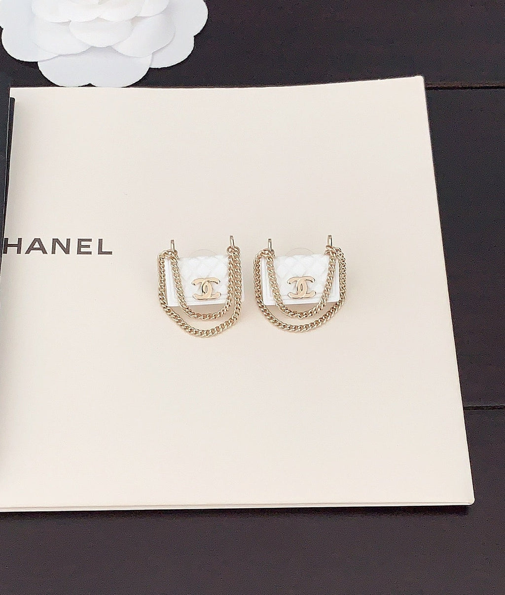 Chanel White Bag 18K Gold Earrings