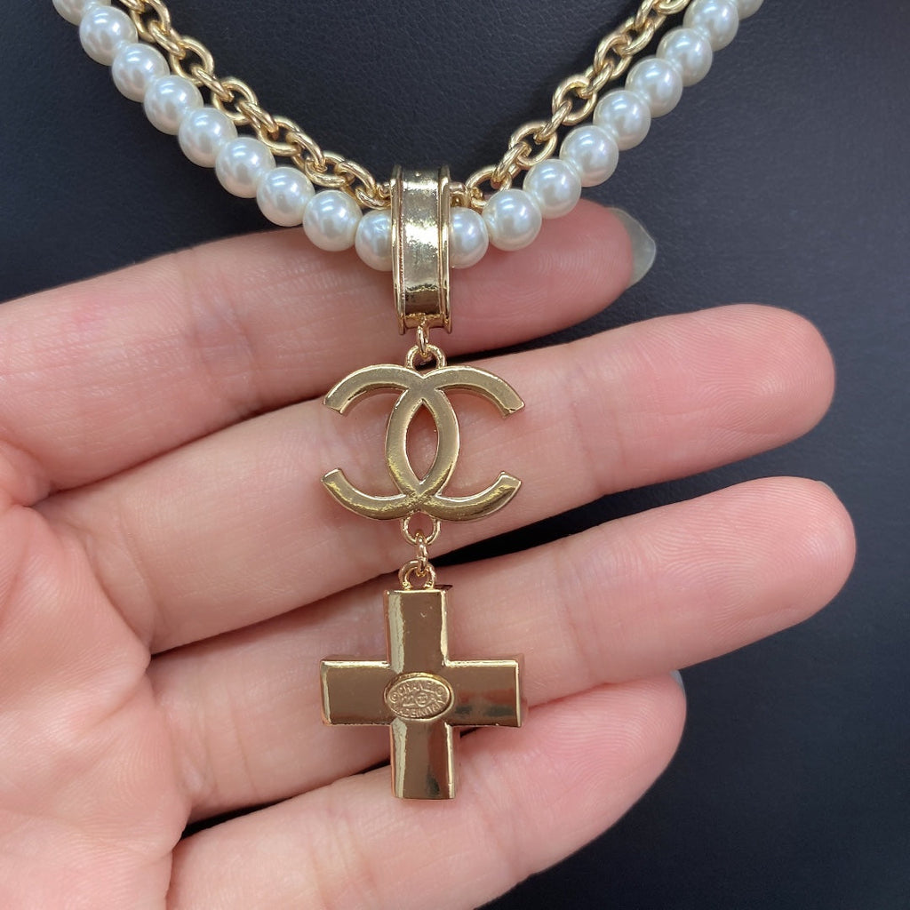 Chanel Cross Diamond Pearl Chain 18K Gold Necklace