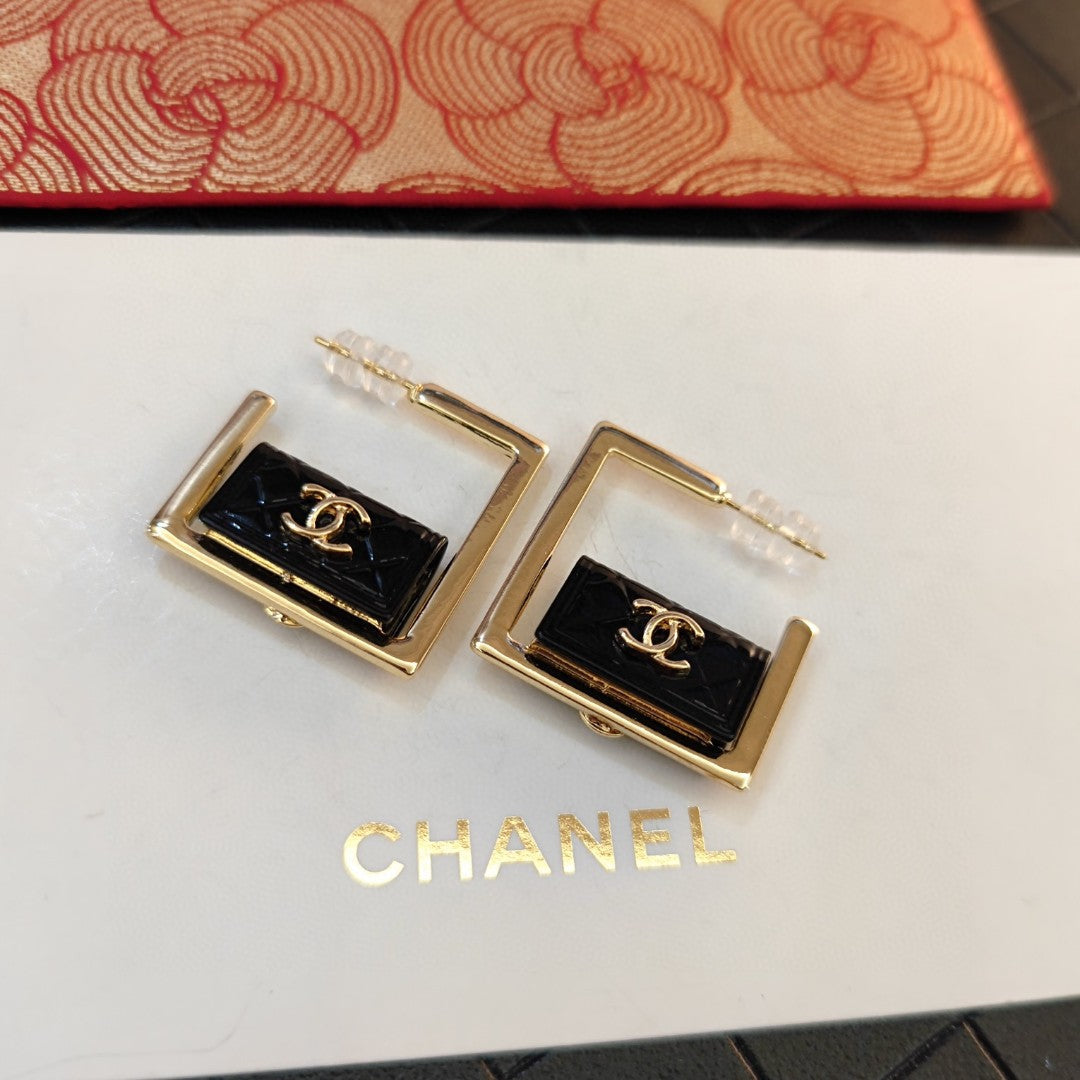 Chanel Black Bag Hoop 18K Gold Earrings