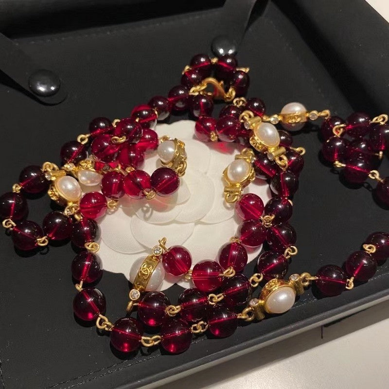 Chanel Long Red & White Pearls 18K Gold Necklace
