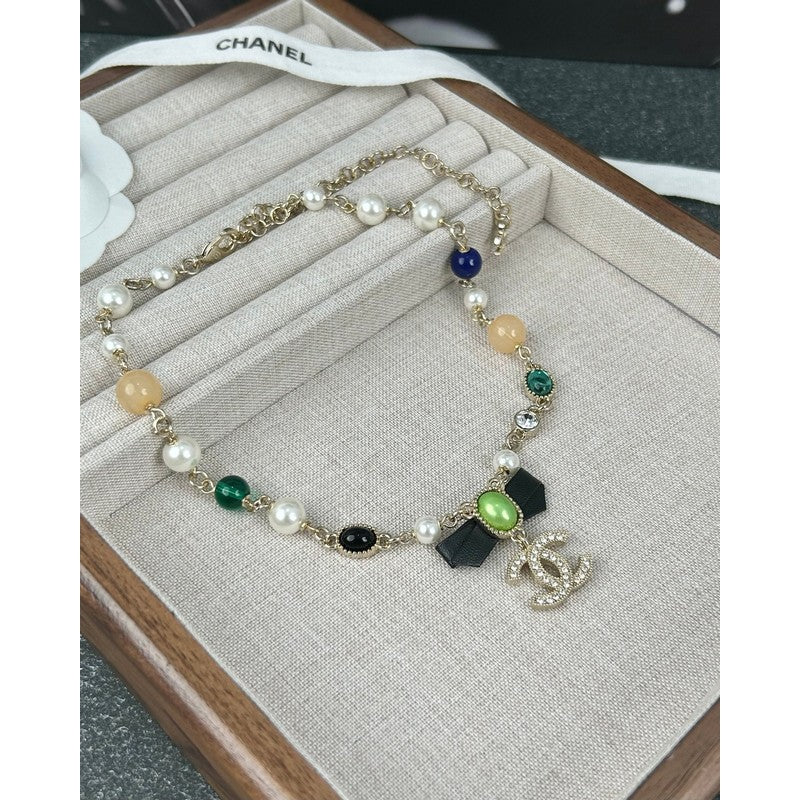 Chanel Crystal Bow 18K Gold Necklace