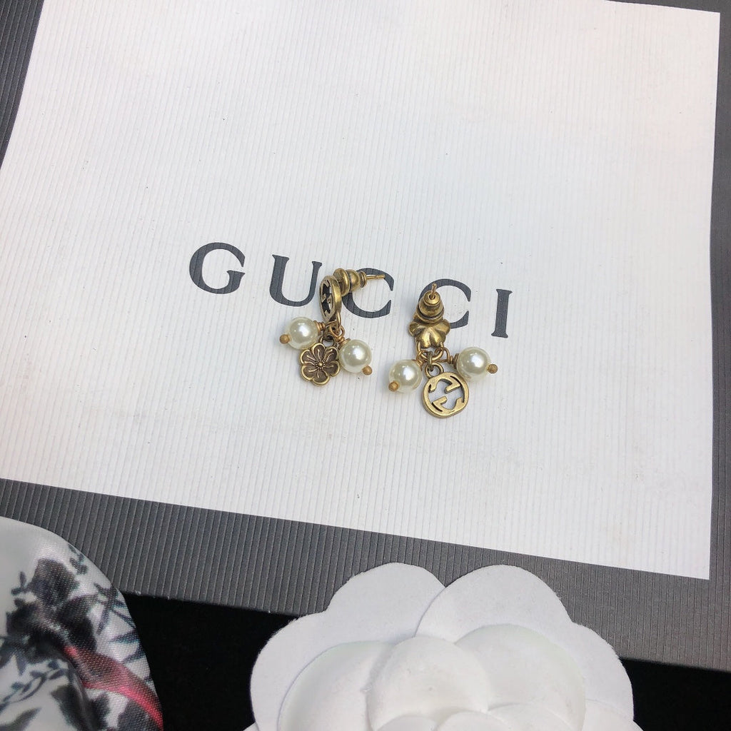Gucci Double Flower & Pearl Pendant 18K Gold Earrings