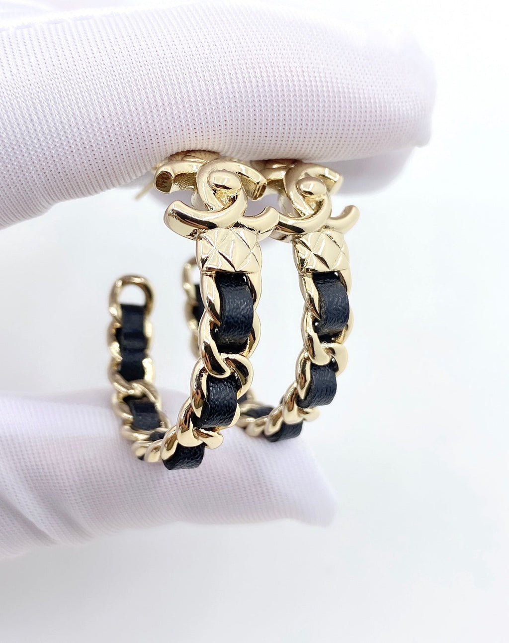Chanel Circle Leather 18K Gold Earrings