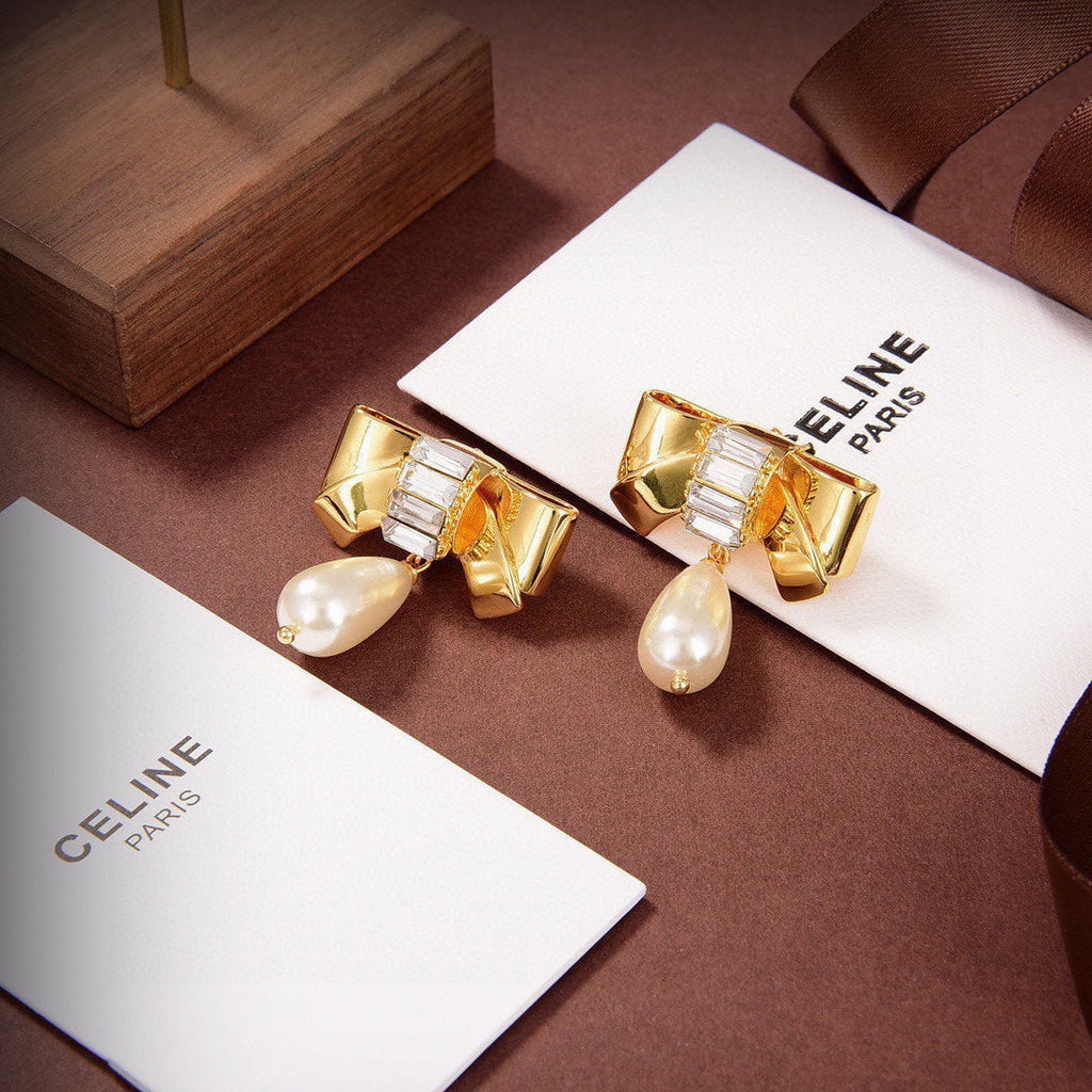 Celine Butterfly Pearl Pendant 18K Gold Earrings