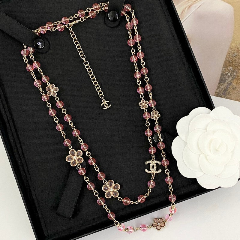 Chanel 26C Pink Crystal Long 18K Gold Necklace