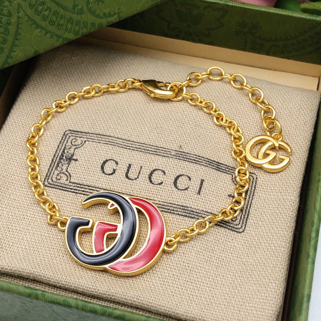 Gucci Double Pink & Black Logo 18K Gold Bracelet