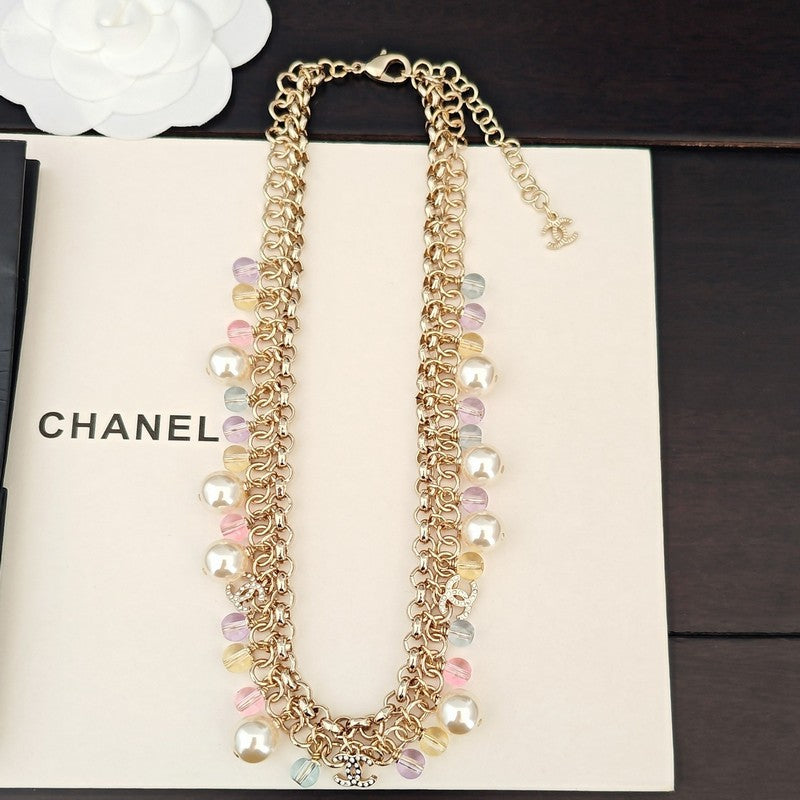 Chanel Pink Crystal Chain Links 18K Gold Necklace