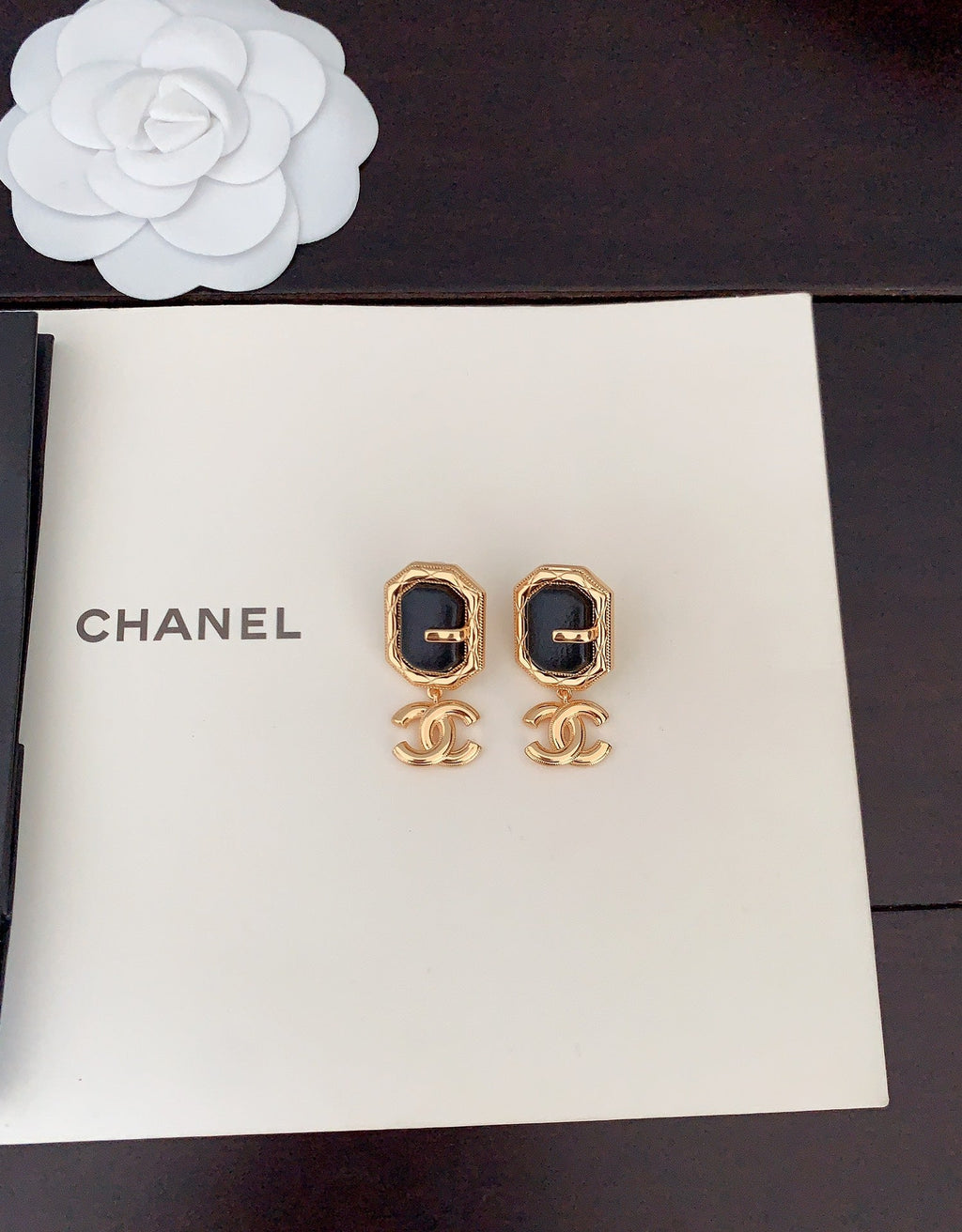 Chanel Pendant Leather 18K Gold Earrings