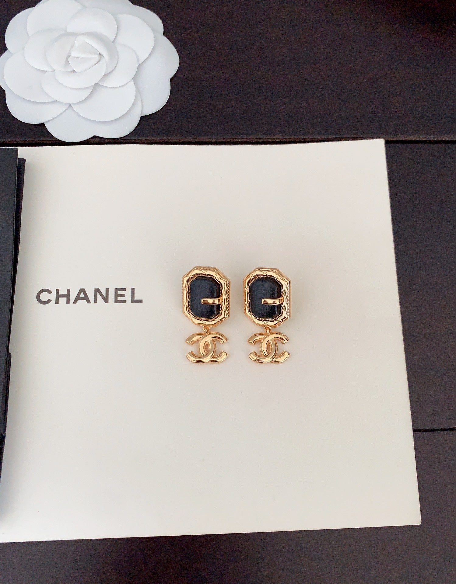 Chanel Pendant Leather 18K Gold Earrings
