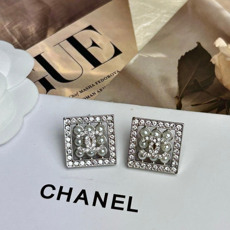 Chanel Diamond & Pearl Square 18K Gold Earrings