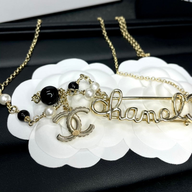Chanel Rhinestone Pearl Letter 18K Gold Necklace