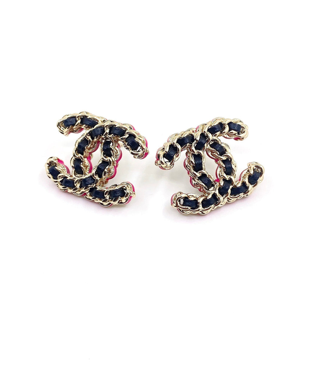 Chanel Pink Resin Leather 18K Gold Earrings