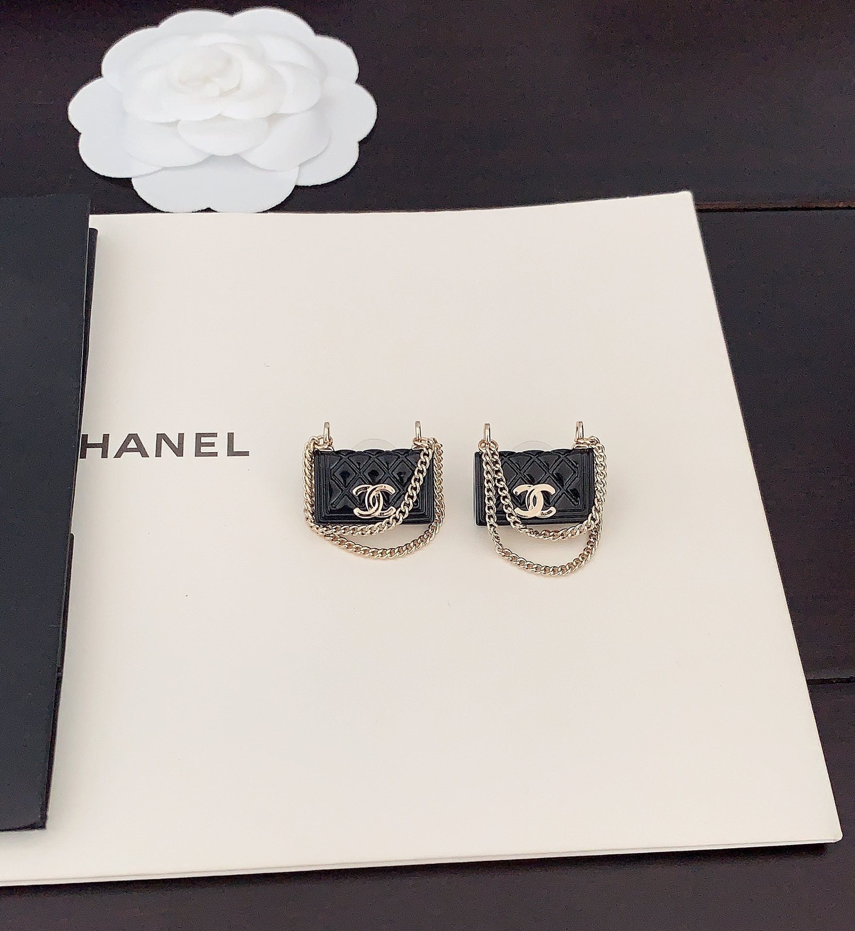 Chanel Black Bag Pendant 18K Gold Earrings