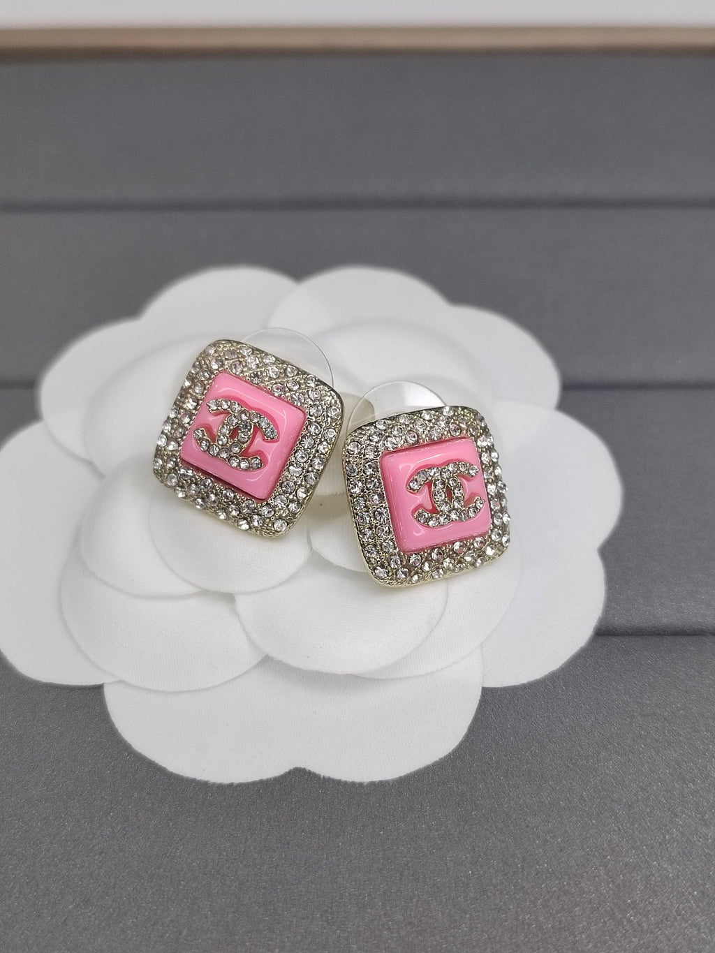 Chanel Diamond Square Pink 18K Gold Earrings