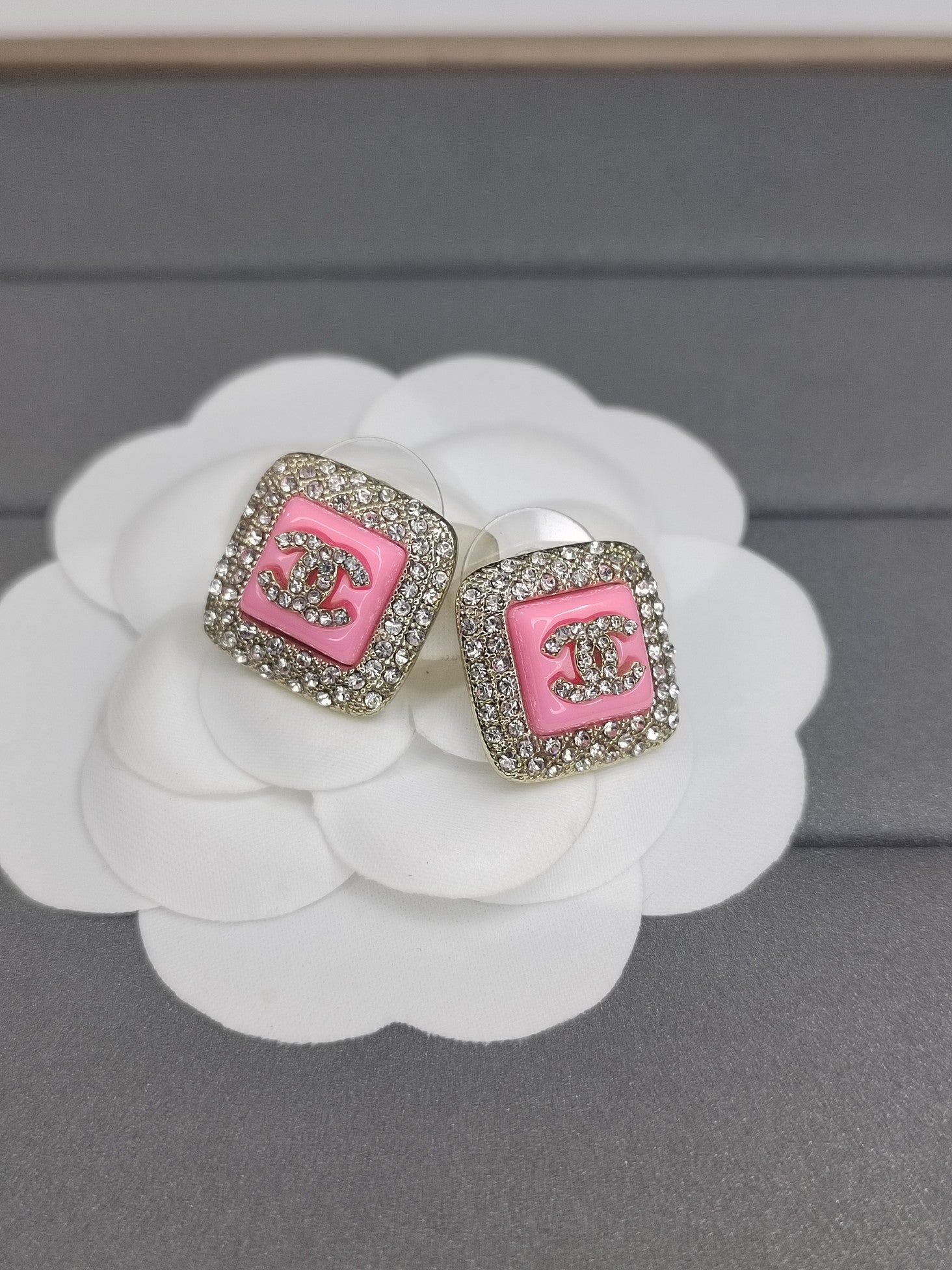 Chanel Diamond Square Pink 18K Gold Earrings
