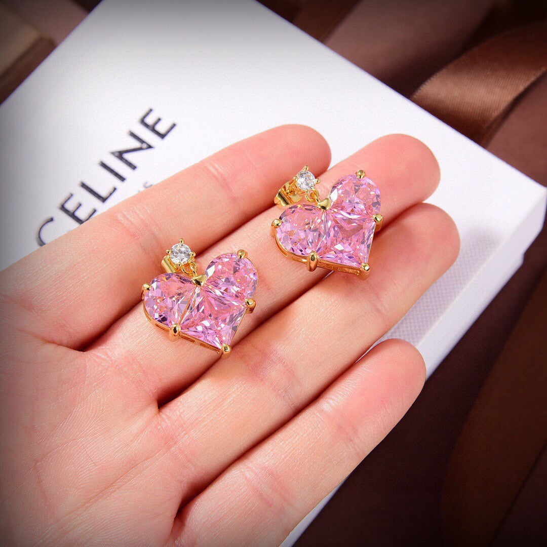 Celine Pink Crystal Heart 18K Gold Earrings