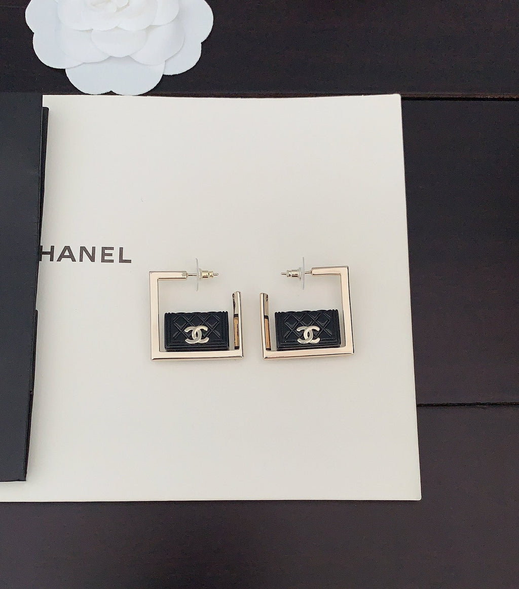 Chanel Black Bag Pendant 18K Gold Earrings