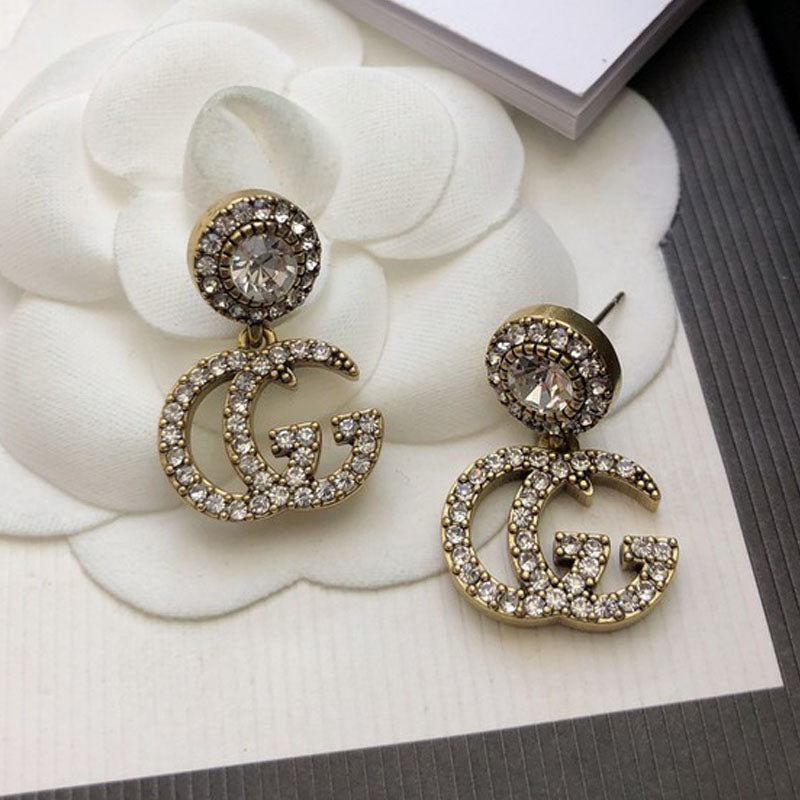 Gucci Double GucciCrystal Pendant 18K Gold Earrings
