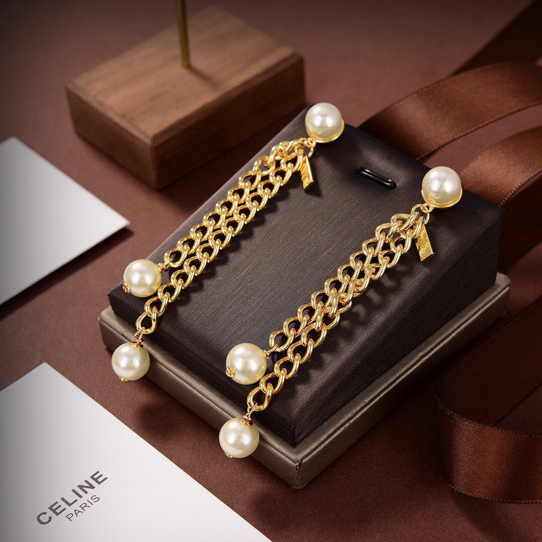 Celine Pearls Long 18K Gold Earrings
