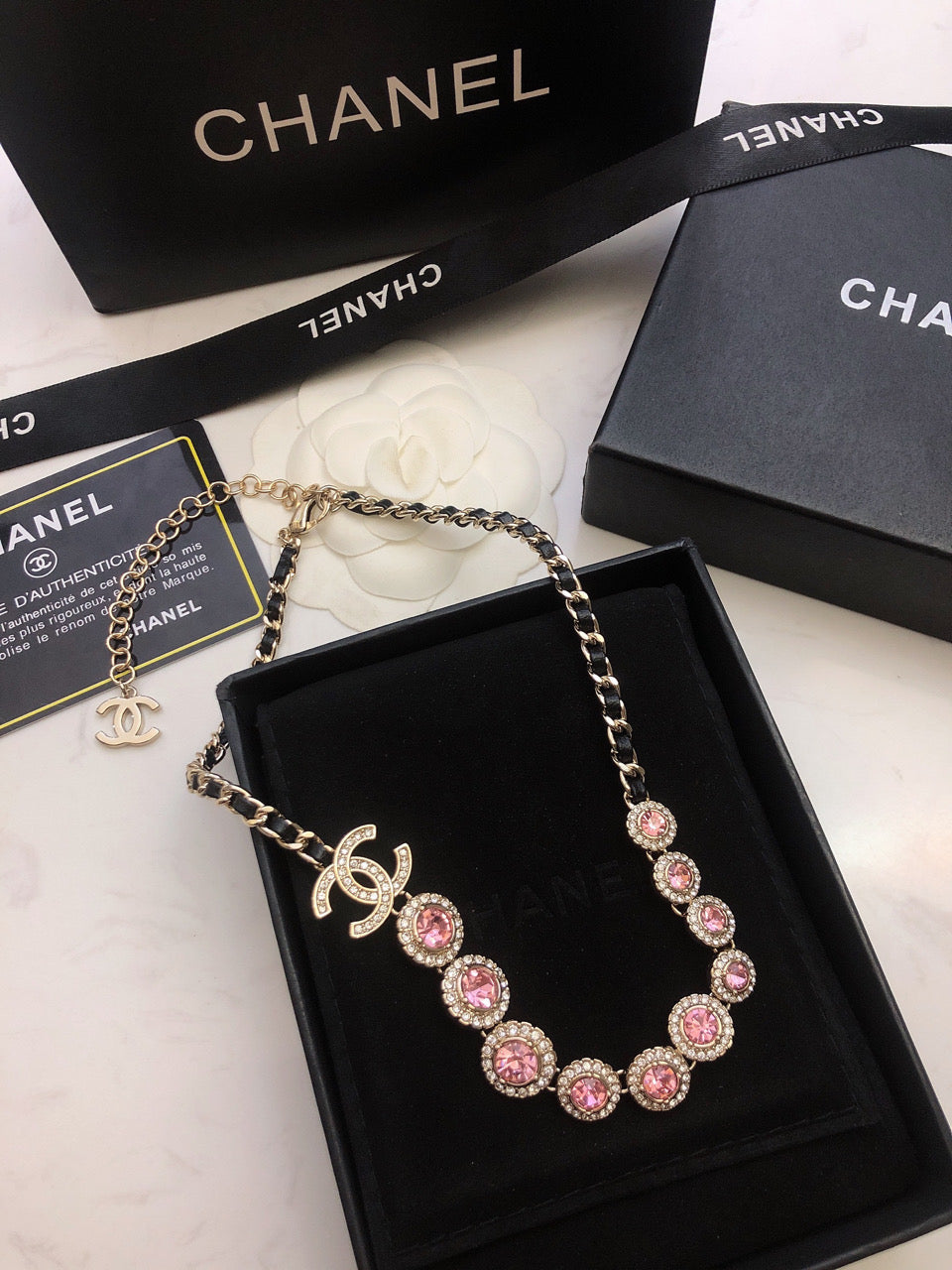 Chanel Pink Crystals Leather 18K Gold Necklace